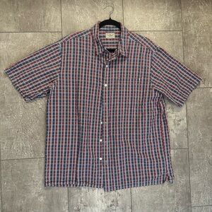 LL Bean 100% Cotton Men’s Short Sleeve Button Down Size Large Red Blue Check EUC